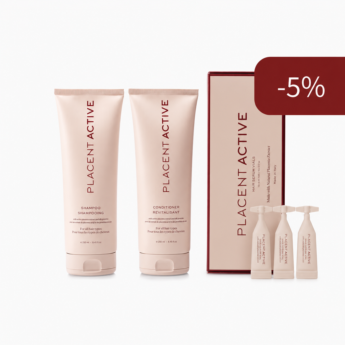 Placent Active enimmüüdud komplekt: 250 ml šampoon, 250 ml palsam ja seerumikarp valgete plastampullidega