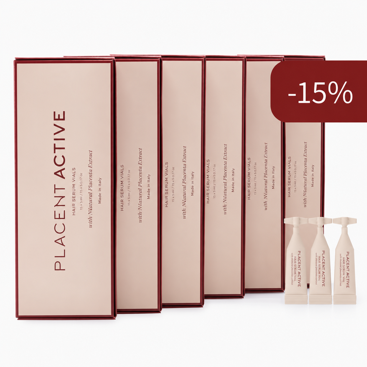 Placent Active kuue kuu seerumikomplekt: kuus seerumikarpi ja valged plastampullid